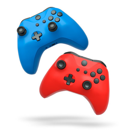 Wireless gaming controllers flying in air isolated on white background, symbolizing gaming...
