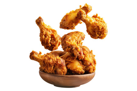 Fried chicken drumsticks in wooden bowl isolated on white background.の素材