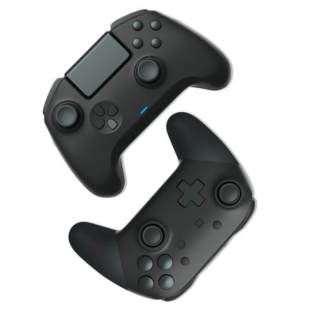 Wireless gaming controllers isolated on white background with clipping path, symbolizing gaming...