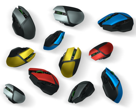 Collection of gaming mice shown from various angles, isolated on white background with clipping...
