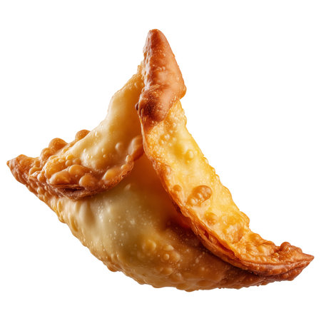 Sambousek small crescent baked dumpling with twisted and pinched crust with cheese or meat, isolated on isolated white transparent background, concept of Arabic ethnic cuisineの素材