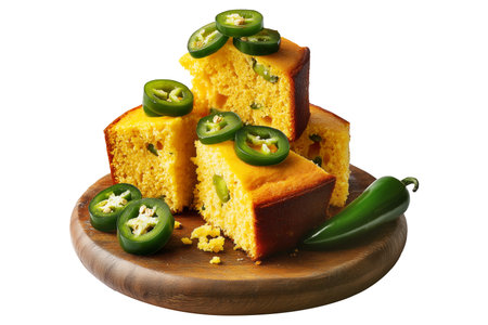 Spicy cornbread squares with fresh jalapeno slices on wooden plate, isolated on white transparent background, concept of rustic homemade foodの素材