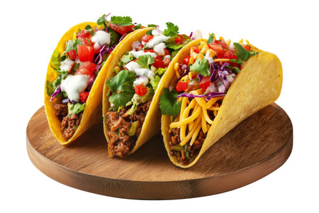 Crunchy beef tacos filled with ground meat, lettuce, cheese, and vegetables on wooden plate isolated on white transparent background, concept of Mexican fast food mealの素材