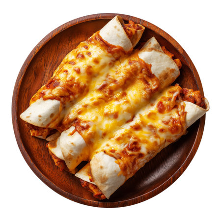 Southwest Tex-Mex Enchiladas rolled tortillas baked with sauce and melted cheese on wooden plate, isolated on white transparent background. Concept of Mexican fast foodの素材