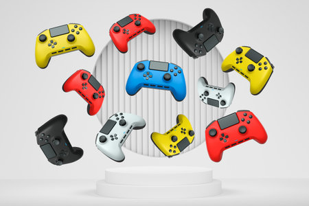 Colorful gaming controllers joystick levitating over podium against abstract background, minimalist...