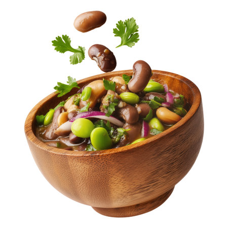 Mixed beans in a wooden bowl isolated on a white background.の素材