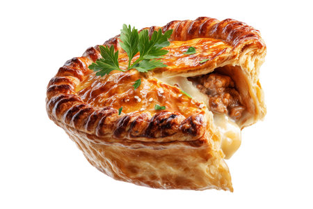 Australia meat pie with minced beef and gravy and crisp flaky crust, isolated on white transparent background. Concept of homemade comfort foodの素材
