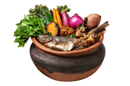 Lovo traditional earth-oven meal with fish, chicken, pork, and root crops in clay pot, isolated on white transparent background. Fiji and Oceania Cuisine Cuisineの素材