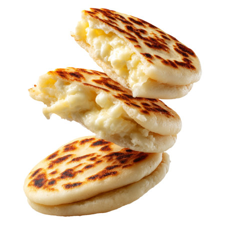 Grilled arepas plain sandwich filled with melted cheese and ground beef, isolated on white transparent background, concept of Latin street foodの素材