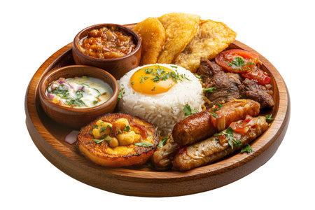 Latin American Bandeja Paisa meal with rice, fried egg, meats, beans, and plantains served on wooden plate isolated on white transparent background. Colombia and Venezuela cuisineの素材