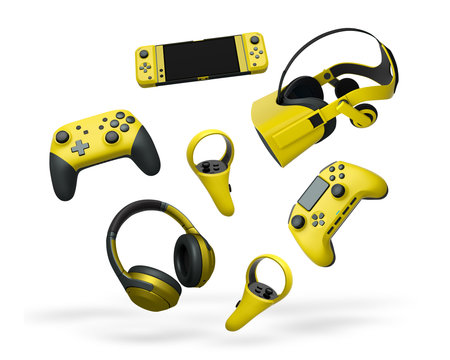 Gaming controllers, VR headset, and headphones isolated on white background with clipping path....