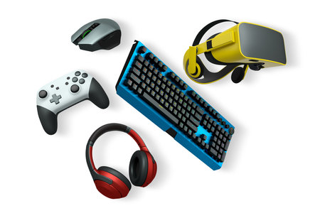 Collection of modern gaming accessories including headset, mouse, controller, keyboard, and VR gear...