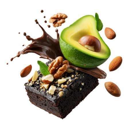Chocolate brownie with avocado slices, pecans, chopped nuts, and mint leaf on white transparent background, concept of healthy dessertの素材