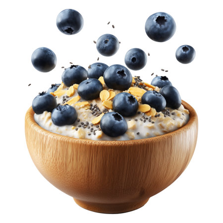Wooden bowl filled with creamy oatmeal topped with fresh blueberries and chia seeds isolated on white transparent background, concept of healthy breakfastの素材