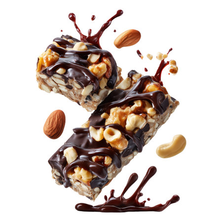 Chocolate coated nut protein energy fitness bar topped with almonds, cashews, walnuts, and chocolate drizzle isolated on white transparent background, concept of healthy snackの素材
