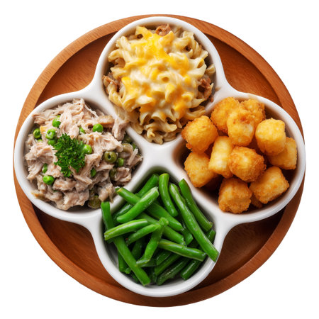 Bowls of green beans, crispy tater tots, and creamy tuna noodle casserole on wooden plate, isolated on white transparent background, concept of traditional United States dishesの素材