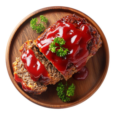 Meatloaf slice topped with ketchup and garnished with parsley on wooden plate, isolated on white transparent background, concept of homemade comfort foodの素材