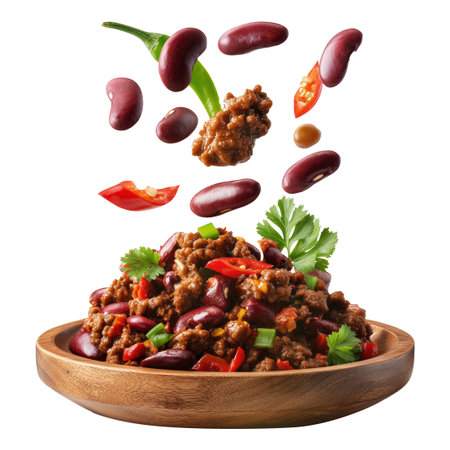 Southwest Tex-Mex Chili con carne beef chili stir-fry with or without beans on wooden plate isolated on white transparent background, concept of hot cuisineの素材