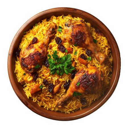 Kabsa bowl spiced biryani with lamb or chicken, rice, nuts, and raisins in wooden bowl, isolated on white transparent background. Concept of Arabic cuisineの素材