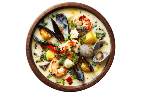 Seafood Chowder creamy soup with mussels, fish, and potatoes in wooden bowl, isolated on white transparent background. Concept of New Zealand cuisineの素材