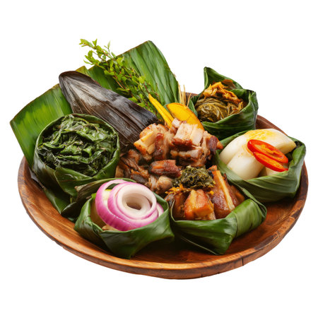 Mumu Pit-baked pork, taro, banana, and vegetables in banana leaves on wooden plate isolated on white transparent background, concept of New Guinea cuisineの素材