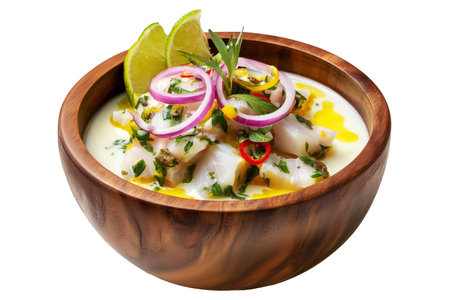 Oka Ia ceviche with raw fish, herbs, onions, and chili served in wooden bowl isolated on white transparent background, concept of traditional Polynesian cuisineの素材
