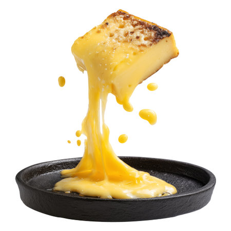 Argentina grilled Provoleta cheese pieces stacked on pan, isolated on white transparent background. Concept of South American Cuisine.の素材