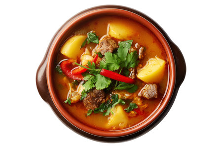 Cazuela chilean Stew pot served in rustic bowl isolated on white transparent background, traditional South American homemade cuisineの素材
