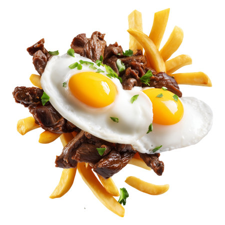 Chorillana beef fried with sunny-side eggs garnished and herbs, street food isolated on white transparent background. concept of South American Cuisineの素材
