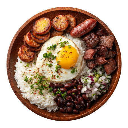Latin American Bandeja Paisa meal with rice, fried egg, meats, beans, and plantains served on wooden plate isolated on white transparent background. Colombia and Venezuela cuisineの素材