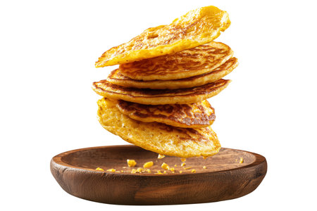 Cachapas sweet corn pancakes on wooden plate, isolated on white transparent background, concept of South American cuisine, breakfast or brunchの素材