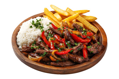Traditional Peruvian lomo saltado with beef, red peppers, fries, and rice on wooden plate, isolated on white transparent background, South American Cuisine conceptの素材