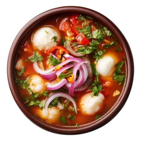 Ecuador encebollado fish seafood soup with onion, yuca, egg and herbs in wooden bowl, isolated on white transparent background, concept of traditional South American cuisineの素材
