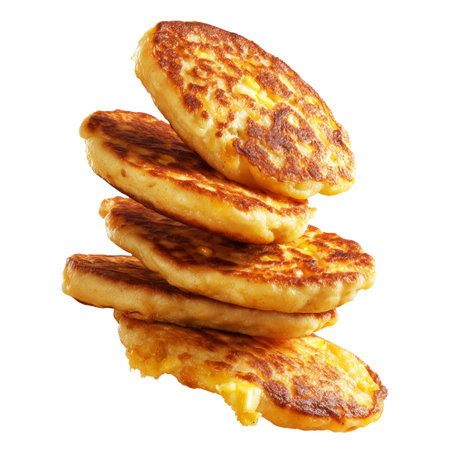 Cachapas sweet corn pancakes flying in air, isolated on white transparent background, concept of South American cuisine, breakfast or brunchの素材