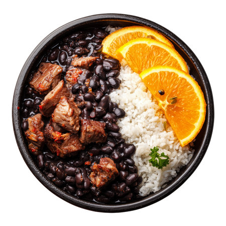 Traditional Brazilian feijoada dish with rice, black beans, beef chunks, stew pork and fresh orange slices in bowl isolated on white transparent backgroundの素材