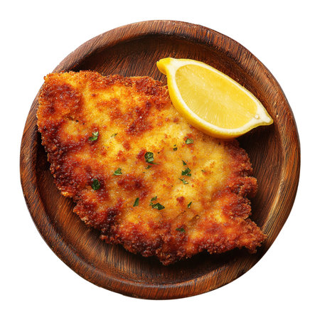 Schnitzel with lemon on wooden plate isolated on white backgroundの素材