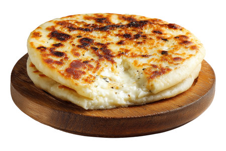 Argentina grilled Provoleta cheese pieces stacked on wooden plate, isolated on white transparent background. Concept of South American Cuisine.の素材