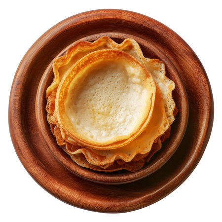 Sago Pancakes thin crepes or stack of pancakes topped with powdered sugar on wooden plate, isolated on white transparent background, Papua New Guinea breakfastの素材