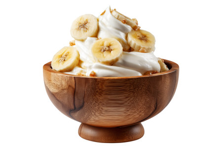 Banana pudding dessert with whipped cream in wooden bowl, isolated on white transparent background, concept of Papua New Guinea sweet treatの素材