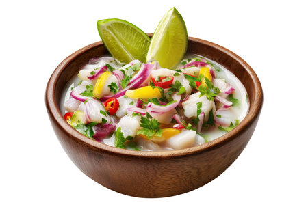 Kokoda seafood ceviche with lime, onions and coconut milk served in wooden bowl isolated on white transparent background, concept of healthy gourmet Fijian cuisineの素材