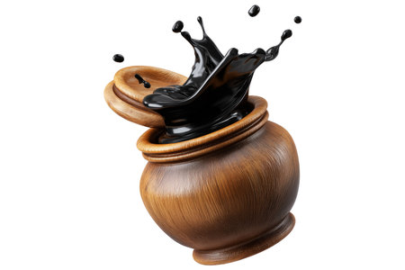 Black liquid splashing out of a wooden pot isolated on white backgroundの素材