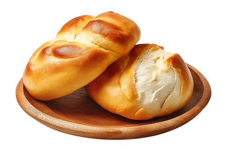Egypt Baladi baked bread, Egyptian rustic and whole-grain flatbreads stacked in a pile on wooden plate, isolated on white transparent background, concept of Arabic bakery foodの素材