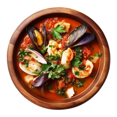 Seafood soup with shrimps and mussels in wooden plate isolated on white backgroundの素材