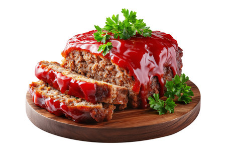 Meatloaf slice topped with ketchup and garnished with parsley on wooden plate, isolated on white transparent background, concept of homemade comfort foodの素材