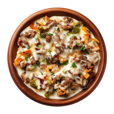 Cheesy baked beef and vegetable casserole with broccoli and bell peppers in ceramic dish, top view, isolated on white transparent background, concept of American traditional dishesの素材