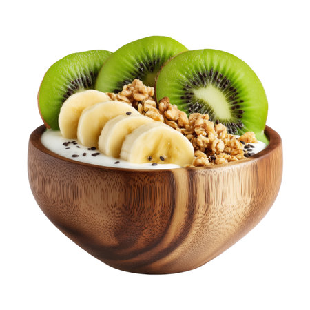 Wooden bowl filled with yogurt or smoothie, sliced kiwi, banana, granola, chia seeds, and fresh mint leaves isolated on white transparent background, concept of healthy breakfastの素材