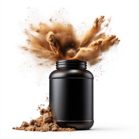 Protein powder bursts from a tipped black container jar in explosion isolated on white background, symbolizing strength and energy, concept of fitness and supplementsの素材