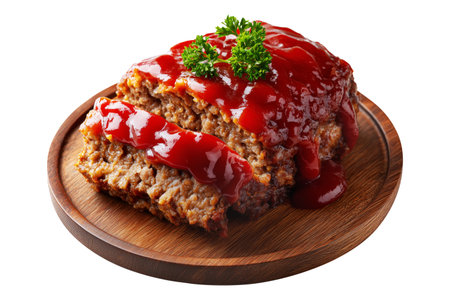 Meatloaf slice topped with ketchup and garnished with parsley on wooden plate, isolated on white transparent background, concept of homemade comfort foodの素材
