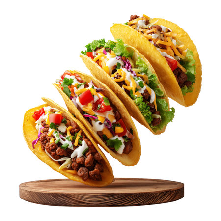 Crunchy beef tacos filled with ground meat, lettuce, cheese, and vegetables on wooden plate isolated on white transparent background, concept of Mexican fast food mealの素材