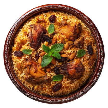 Kabsa bowl spiced biryani with lamb or chicken, rice, nuts, and raisins in wooden bowl, isolated on white transparent background. Concept of Arabic cuisineの素材